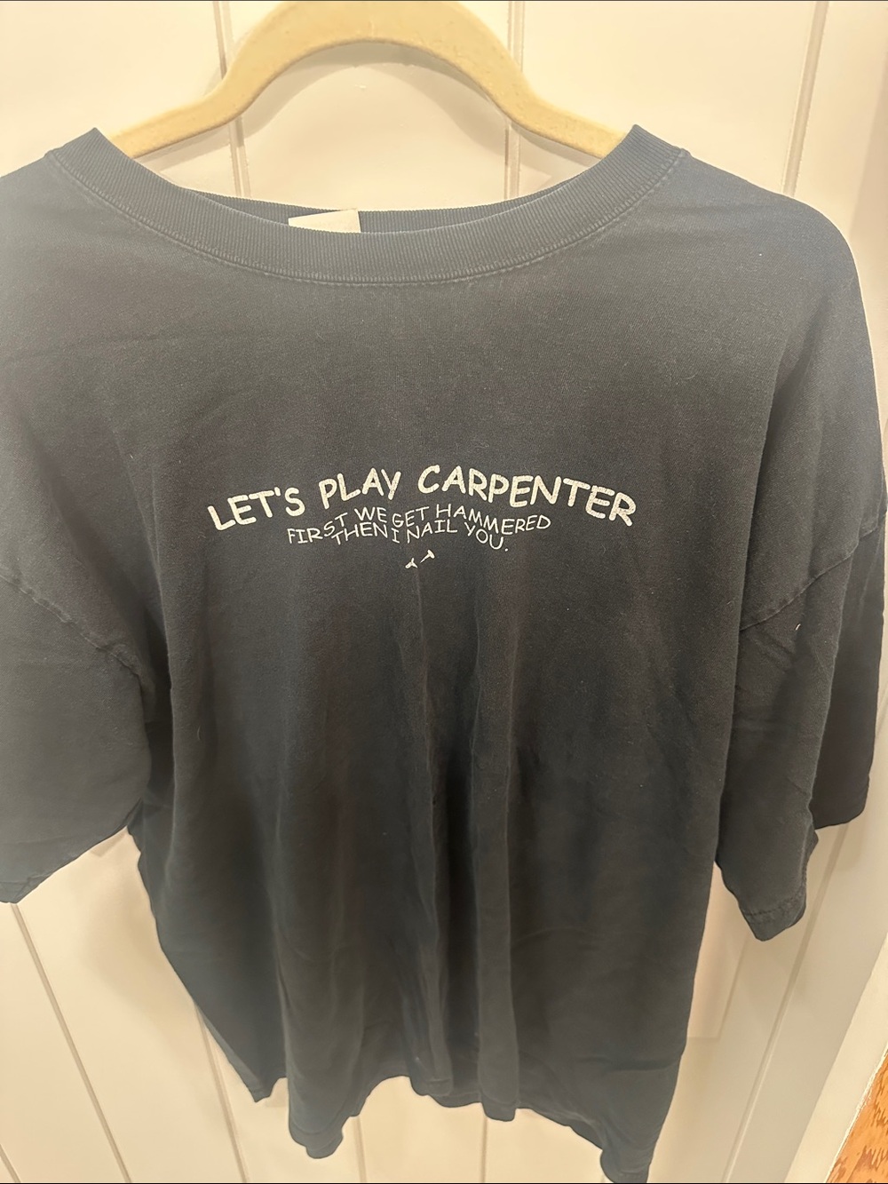 Gildan Black Graphic Tee with White 'Let's Play Carpenter' Text